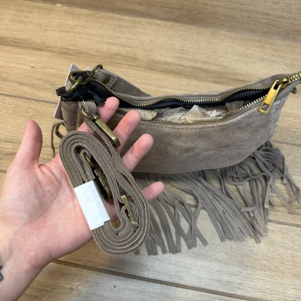 Marlon Firenze Italy Taupe Suede Crescent Shoulder Crossbody Bag Fringe Boho